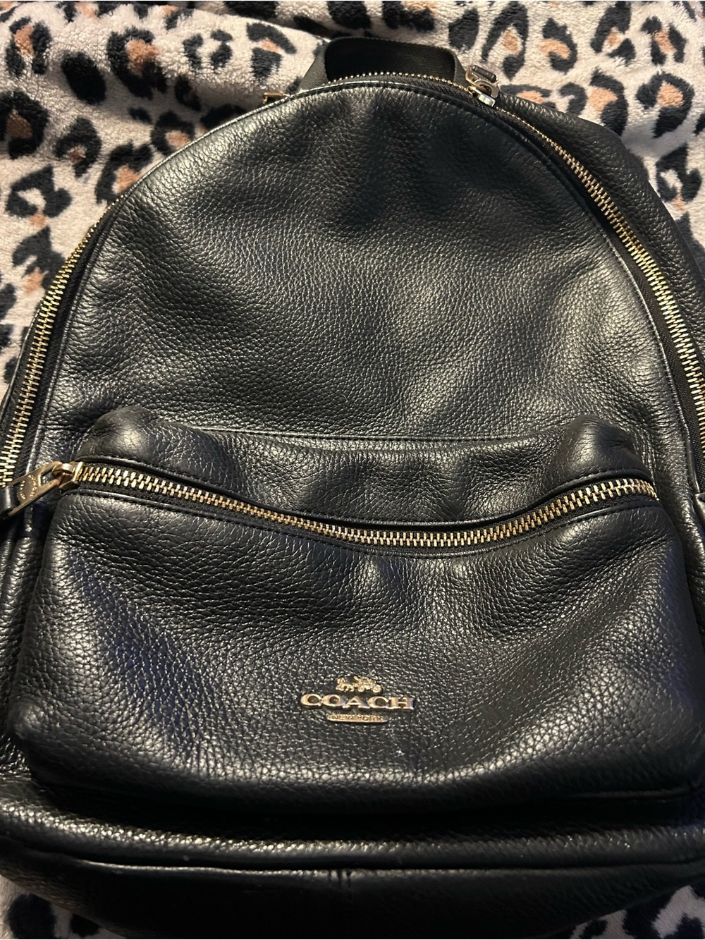 Coach Black Pebbled Leather Backpack with Gold Accents